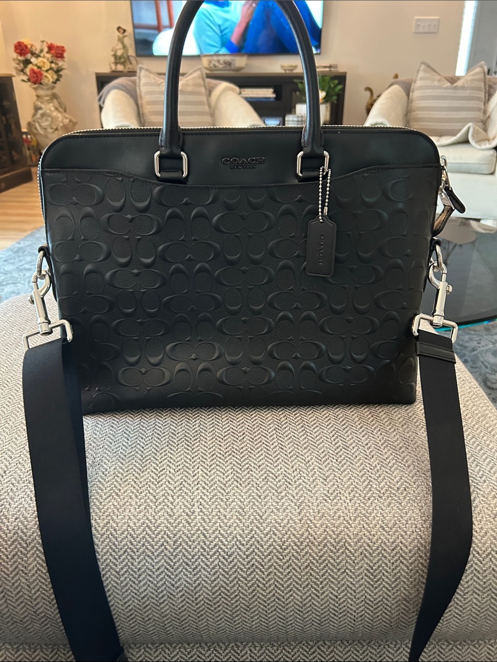 Coach Beckett Slim Brief Signature Black Embossed Leather Laptop Brief